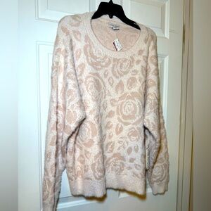 Laura Ashley Cream & Pink Rose Sweater NWT Size 2X Plus Soft Glittery Fuzzy
